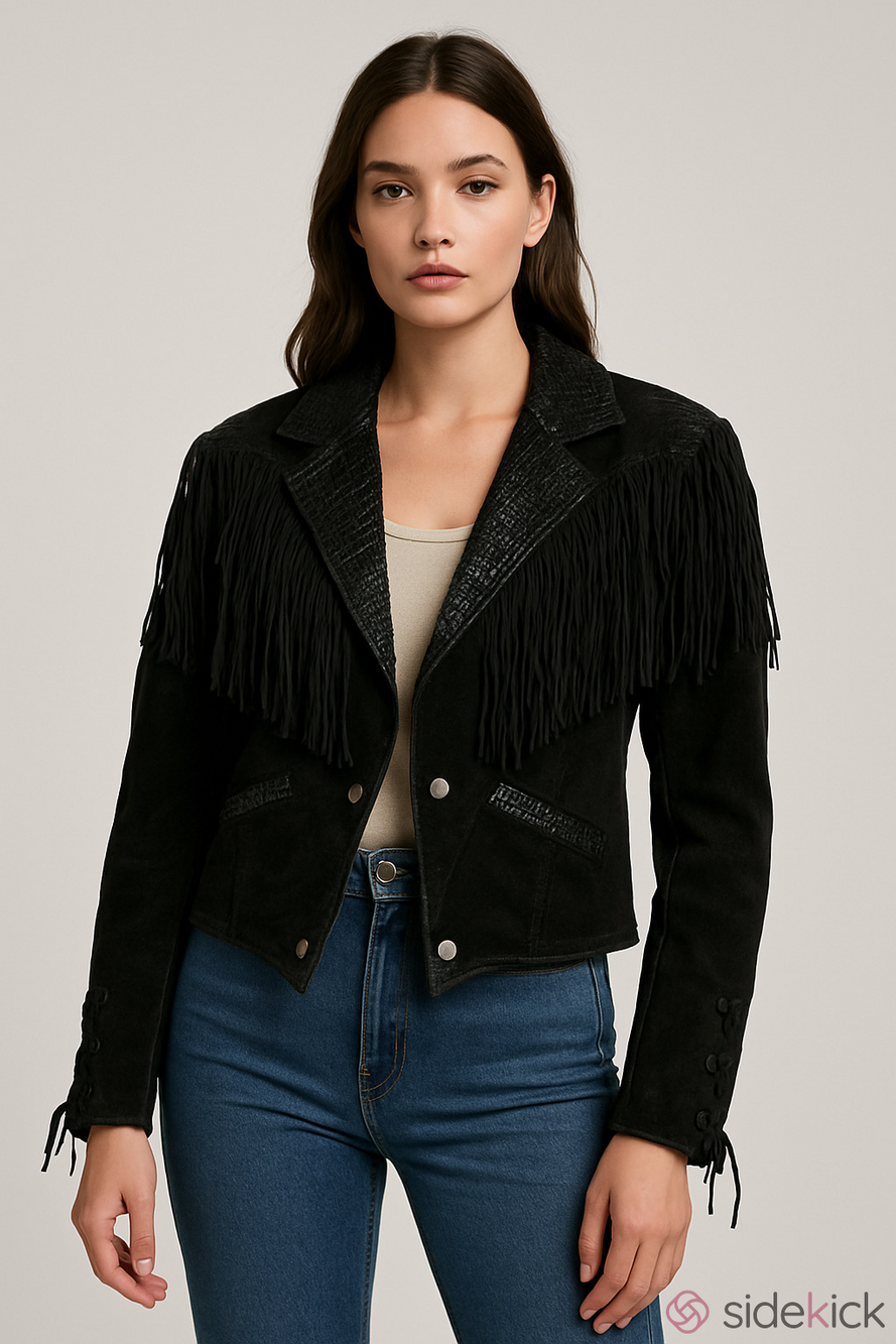 Vintage Fringe Winlit Leather Suede Women L Black Snape Western Biker Jacket